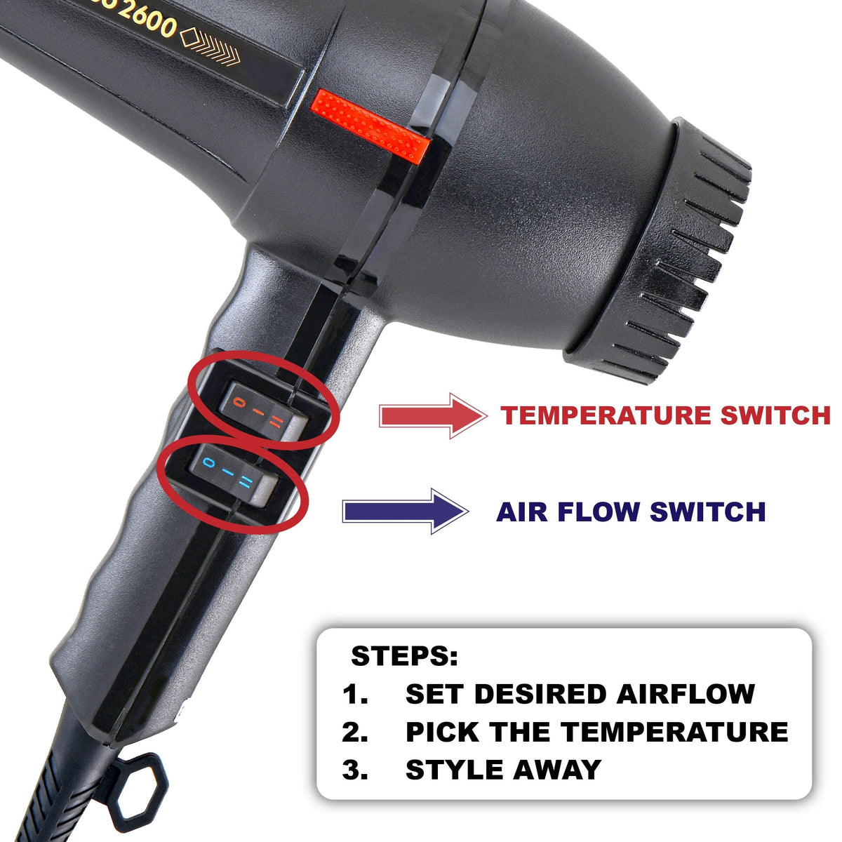 M Hair Designs Turbo Power 2600 dryer controls show multiple heat and speed options