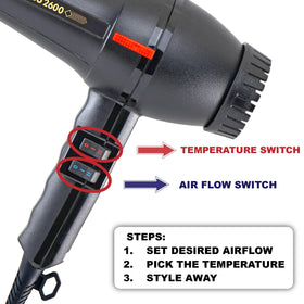 M Hair Designs Turbo Power 2600 dryer controls show multiple heat and speed options