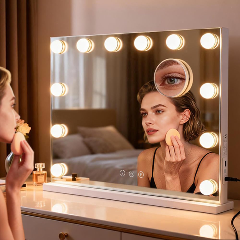 M MIVONDA vanity mirror mounted on wall with ambient lighting for room-enhancing makeup sessions