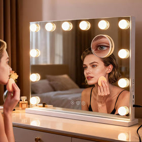 M MIVONDA vanity mirror mounted on wall with ambient lighting for room-enhancing makeup sessions