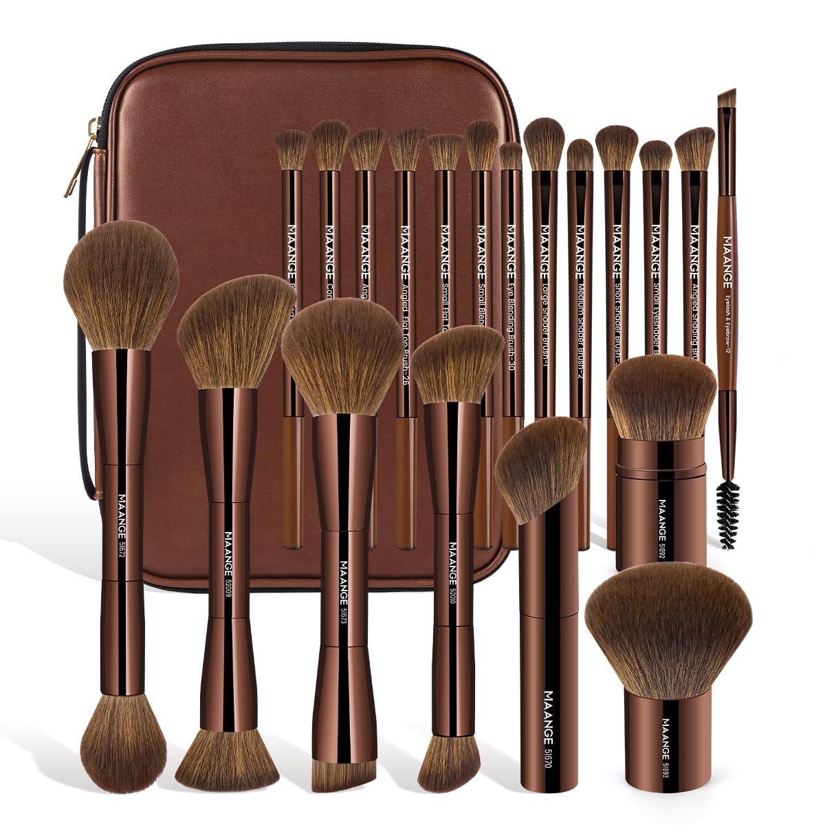 MAANGE 21-piece makeup brush set organized in a stylish bag for travel.