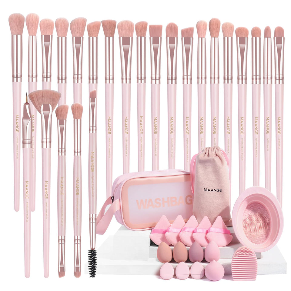 MAANGE 41-piece eye brush set with pink bag for travel and organization.