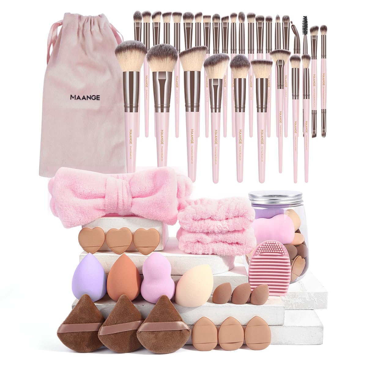 MAANGE 51-piece makeup brush set pink bag for easy daily routines