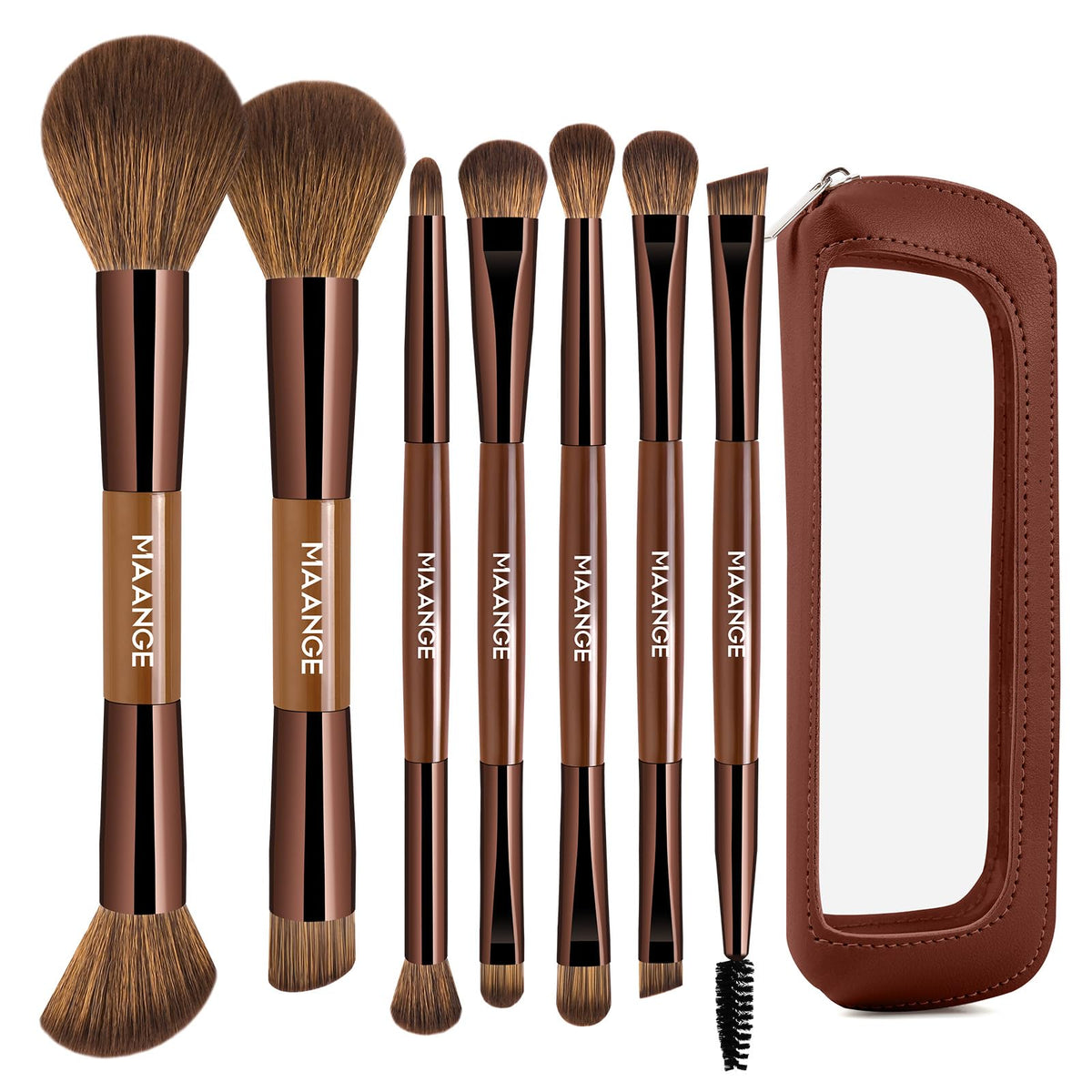 MAANGE 7-piece dual-ended brush set with travel bag for full-face makeup.
