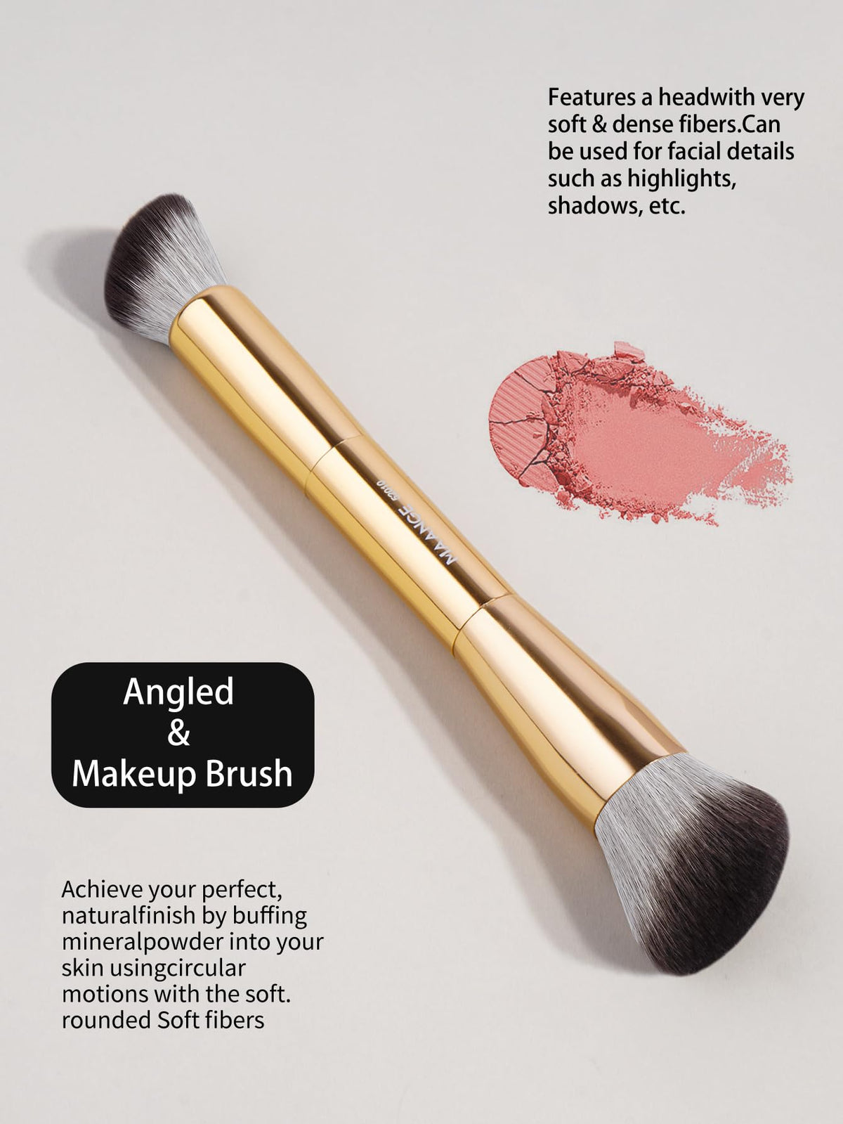 MAANGE double-ended powder and blush brush in use for seamless cheek application