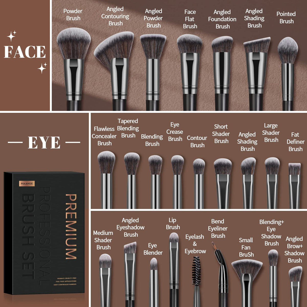 MAANGE face brushes collection ideal for blending and contouring across facial features.