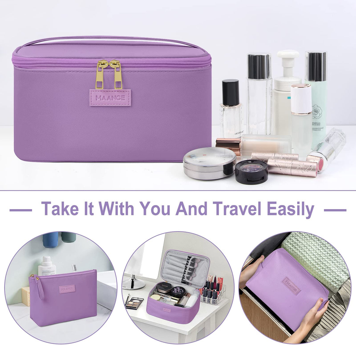 MAANGE makeup bag with brush compartment for tidy brush storage.