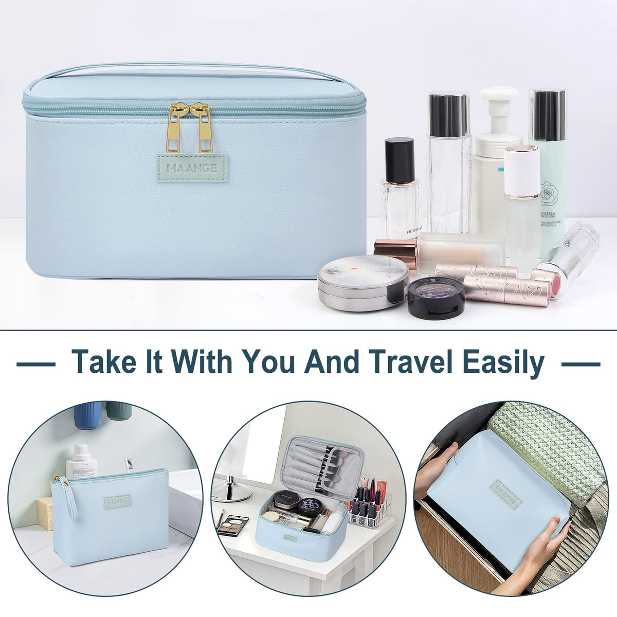 MAANGE blue makeup bag inner pockets keep items neatly separated