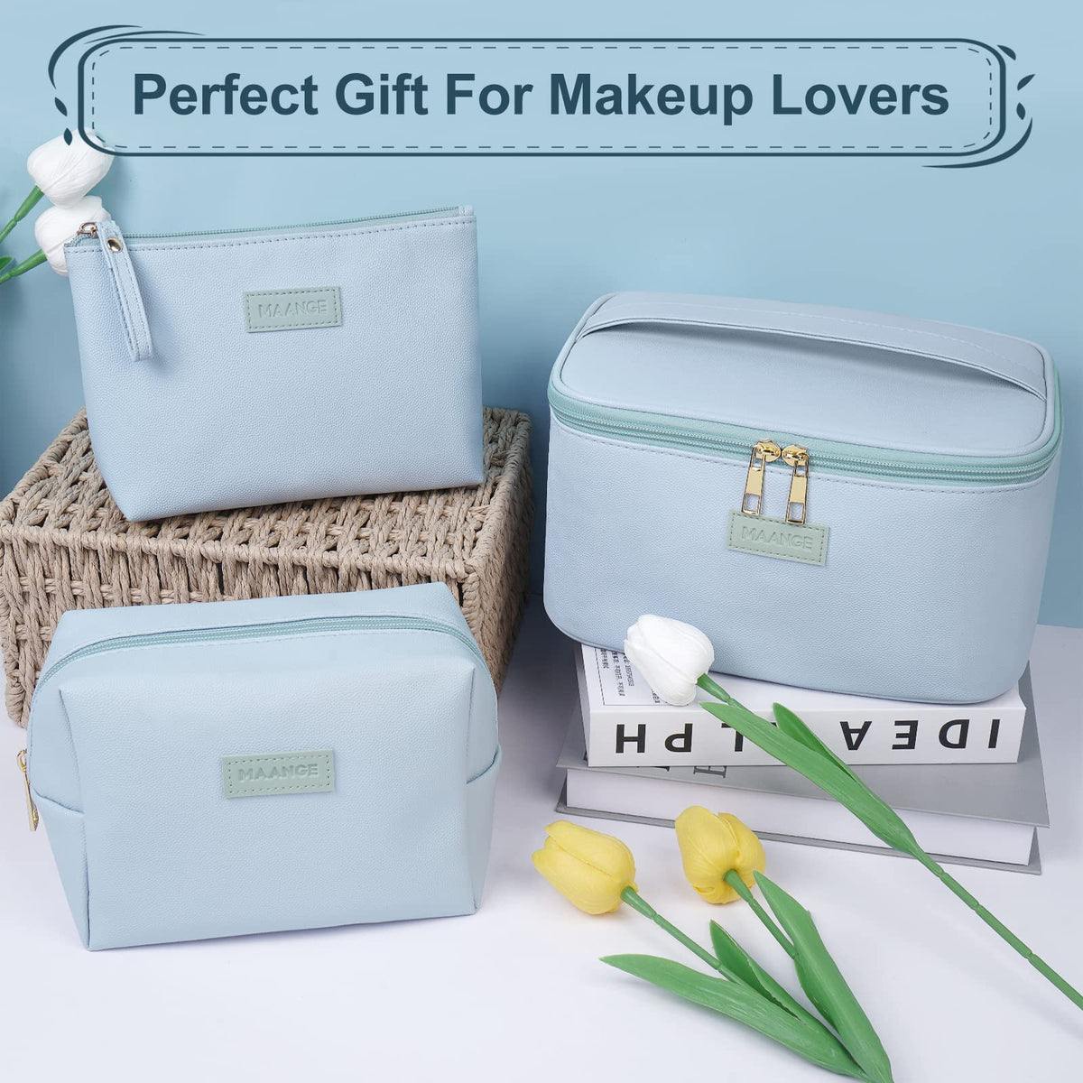 MAANGE large blue makeup bag open showing interior compartments for brushes and cosmetics