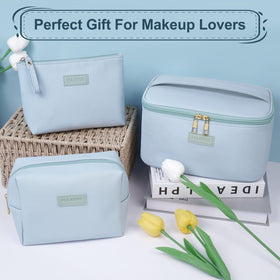 MAANGE large blue makeup bag open showing interior compartments for brushes and cosmetics