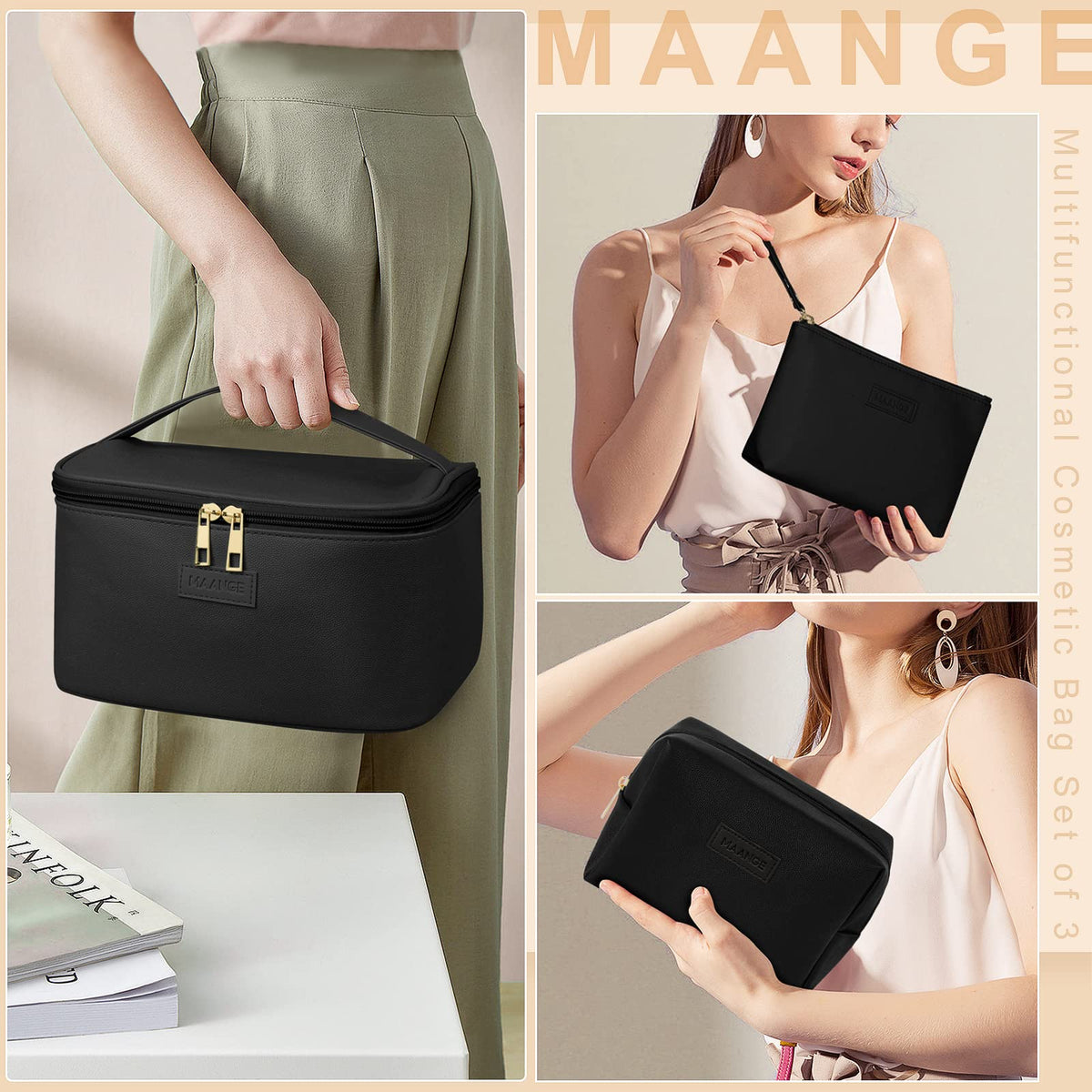 MAANGE large makeup bag with brush compartment keeps brushes protected from dust.