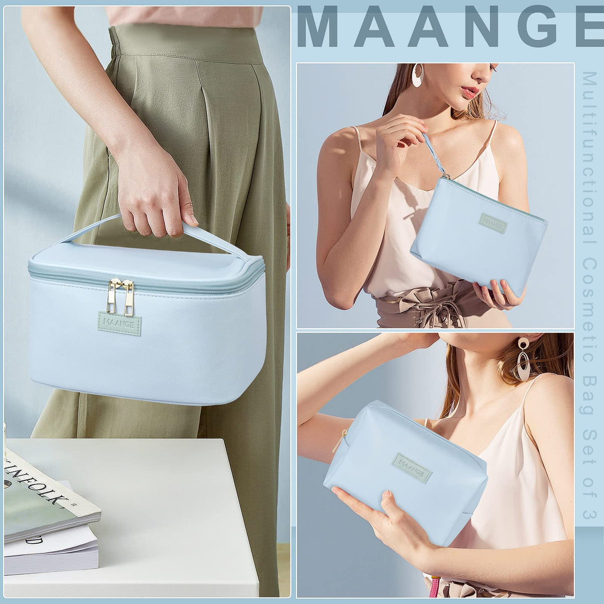 MAANGE blue makeup bag set ideal for travel, weekends, and gifting