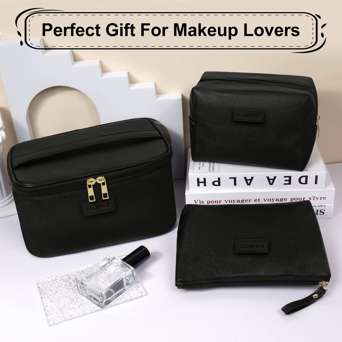 MAANGE makeup bag helps organize cosmetics and toiletries efficiently.