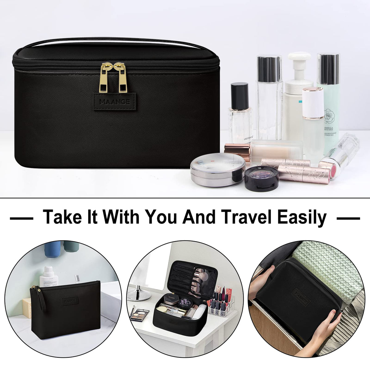 MAANGE makeup bag with water-repellent material protects contents in wet weather.