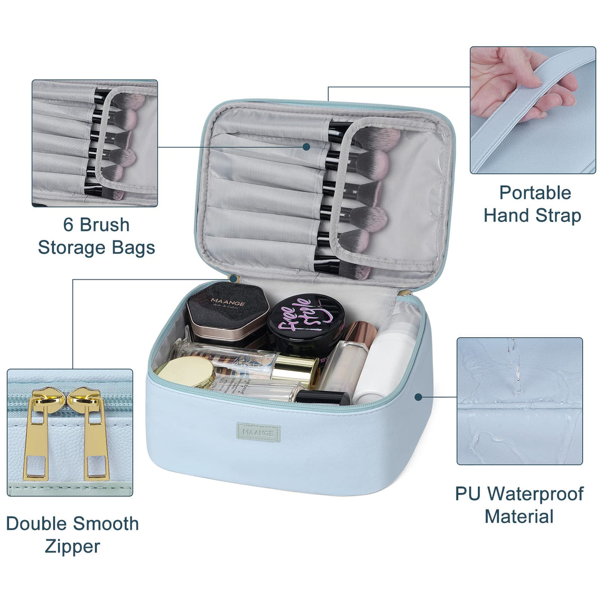 MAANGE blue makeup bag zipper detail with sturdy metal hardware