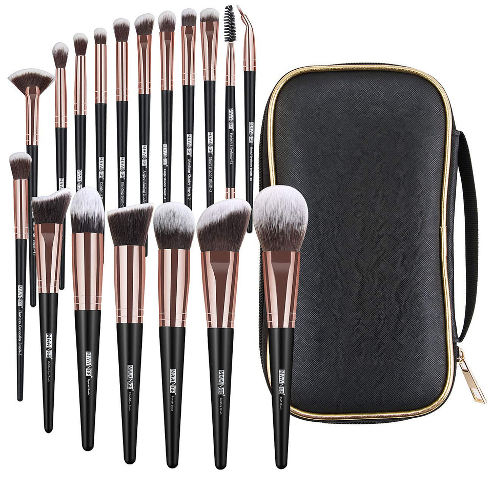 MAANGE makeup brushes 18-pcs in a black-gold case for organized storage.
