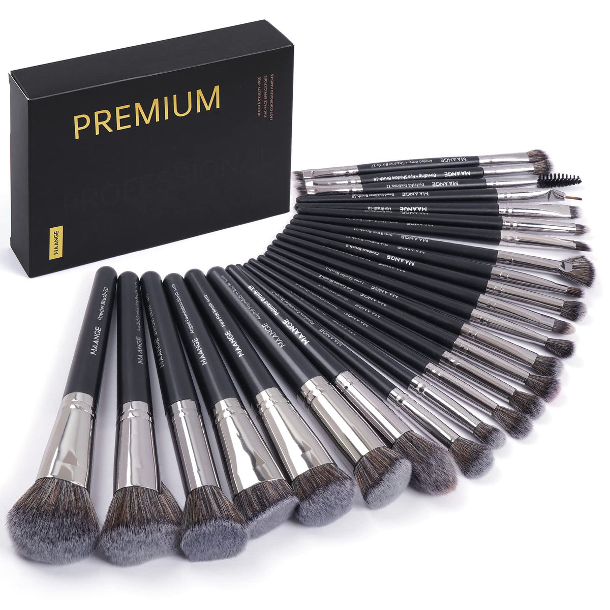 MAANGE makeup brushes 25-piece set shown in a gift box for complete makeup.