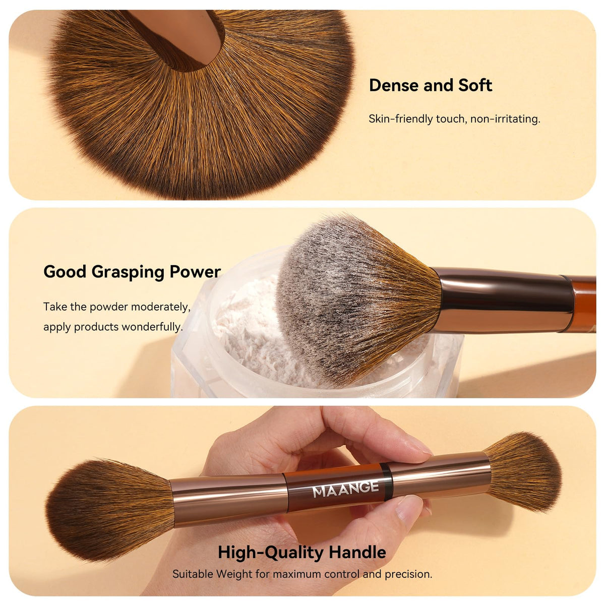 MAANGE powder brush with dense bristles delivers even, buildable powder application.