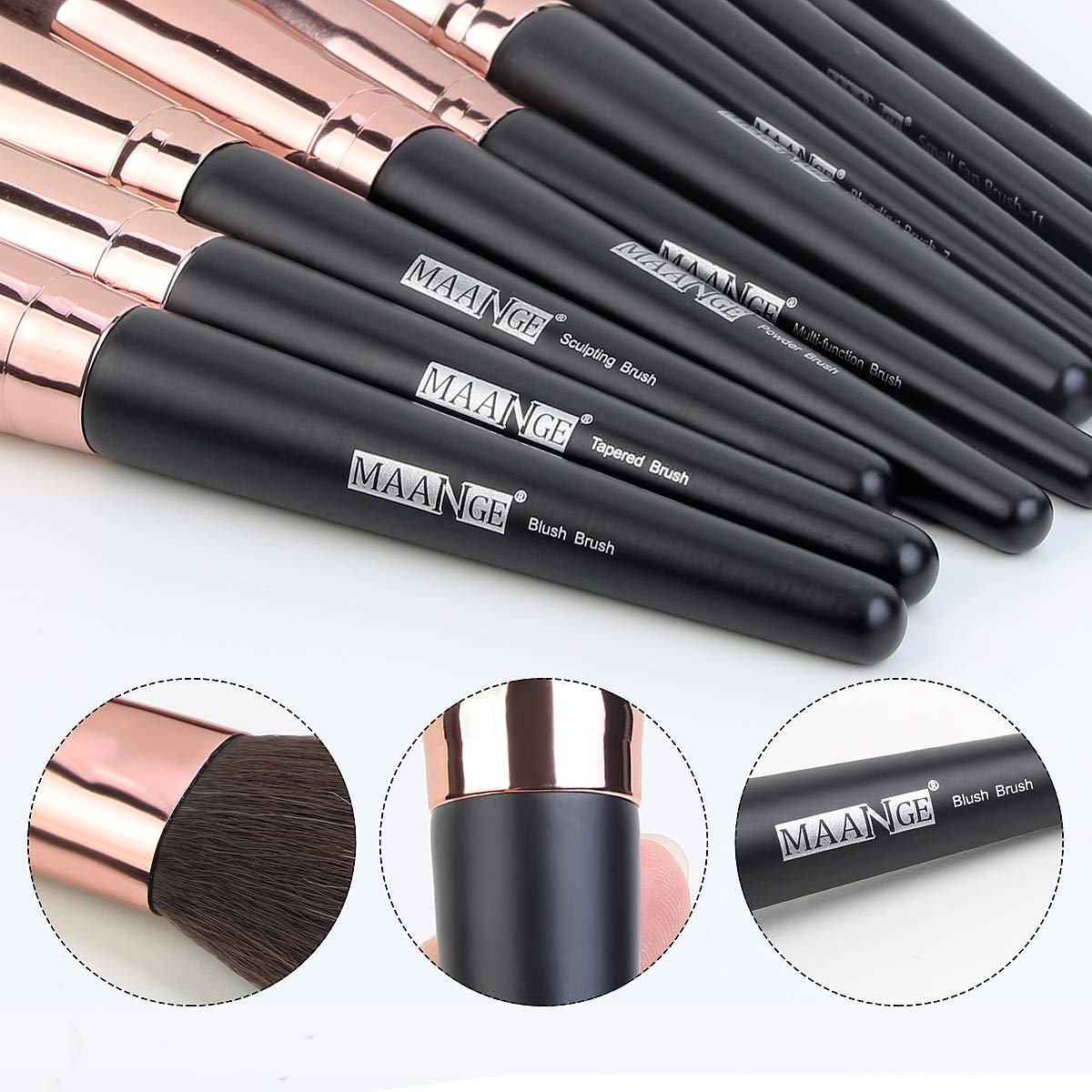 MAANGE rose gold ferrule and wood handle for comfortable grip.