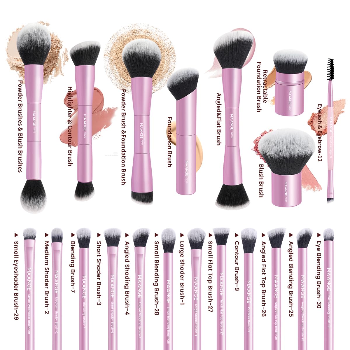 MAANGE sturdy aluminum ferrule handle provides a comfortable grip for precise makeup.