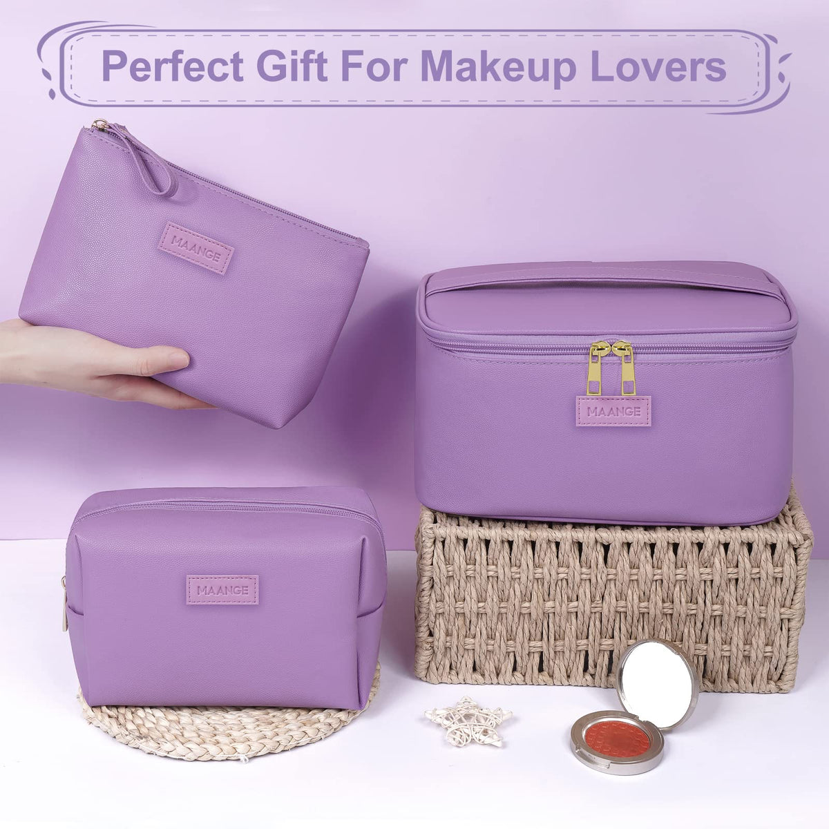 MAANGE travel makeup bag large interior view with compartments.