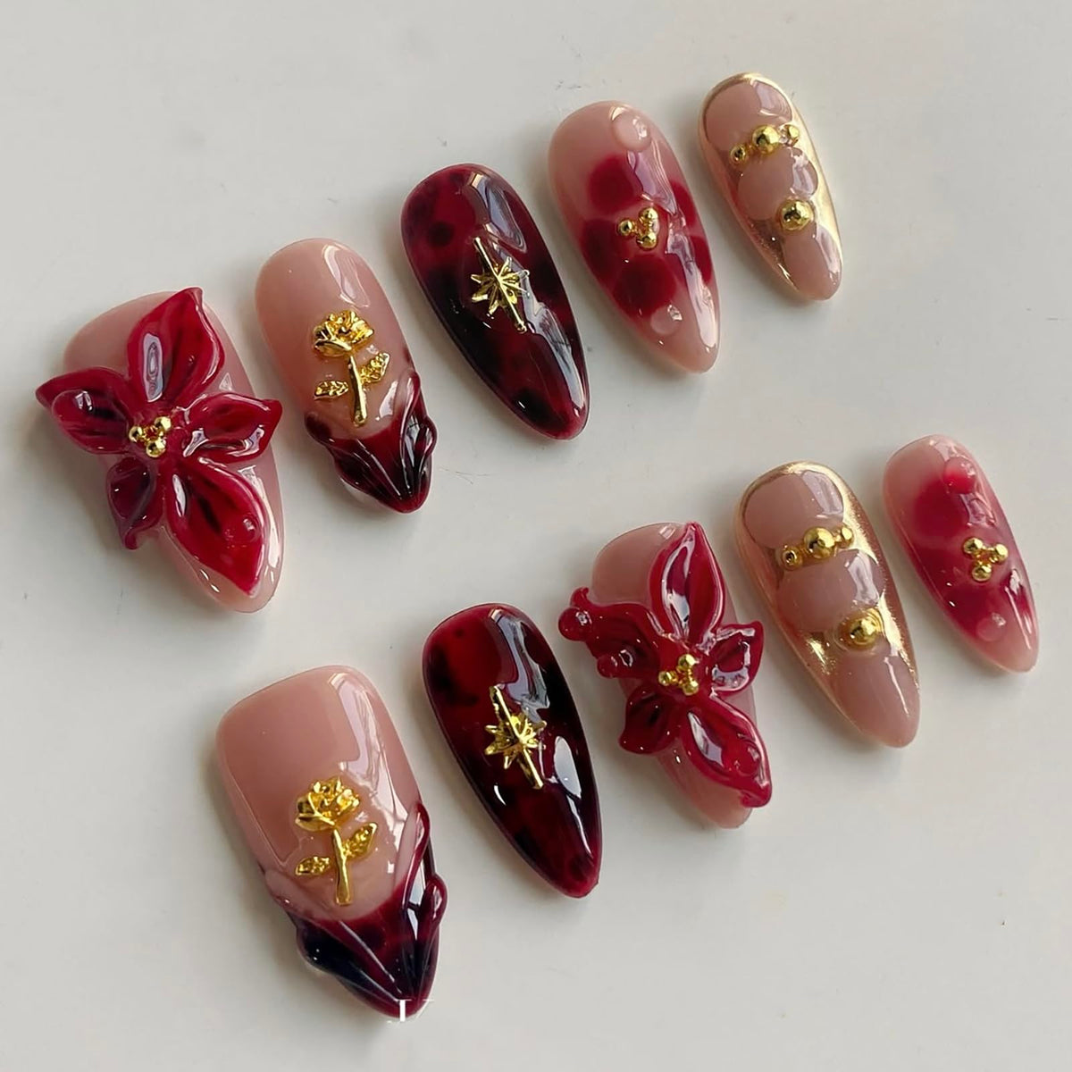 MABKJLF luxury press-on nails with red floral design for stylish at-home looks.