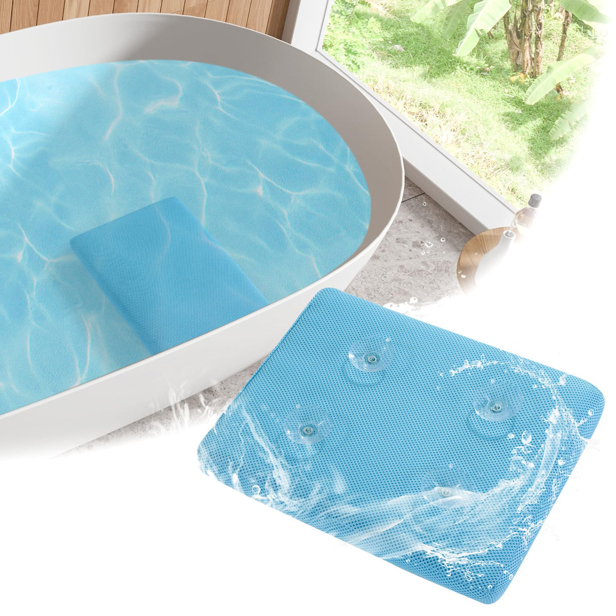 MABOZOO bath cushion on blue tub for comfortable soaking.