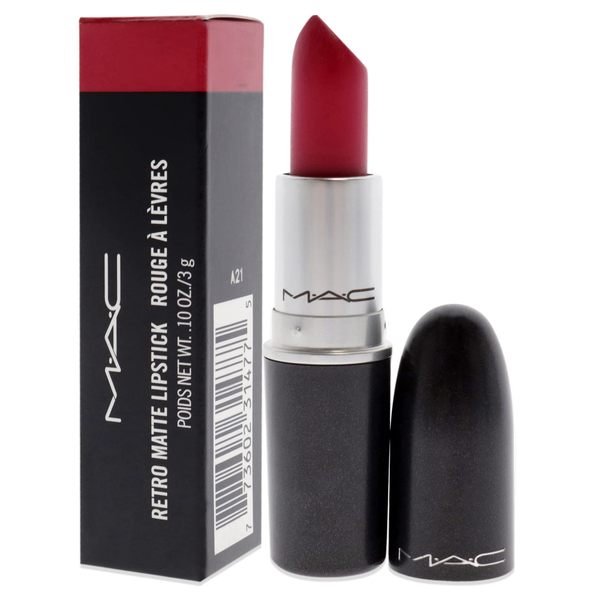 MAC All Fired Up lipstick close-up emphasizes color payoff on lips.