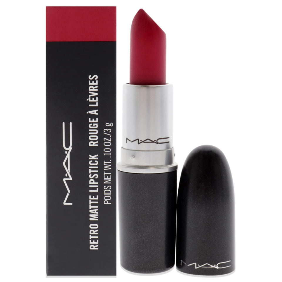 MAC All Fired Up lipstick swatch reveals bold color and cushiony texture.