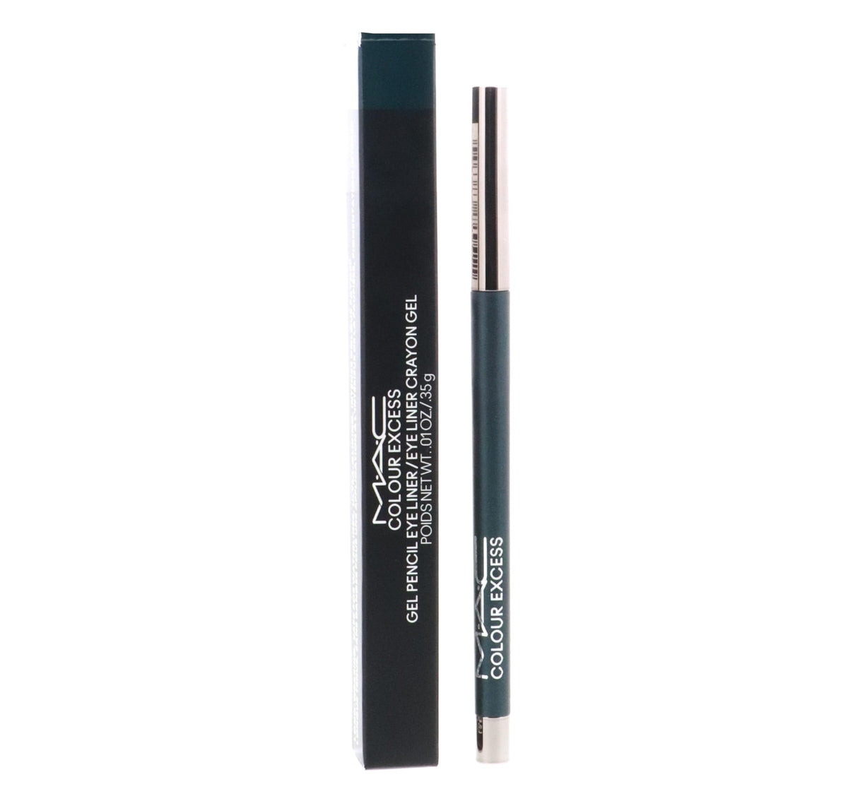 MAC Colour Excess Gel Pencil Eye Liner Hell-Bent swatch showing black base with iridescent pearls for dynamic sparkle