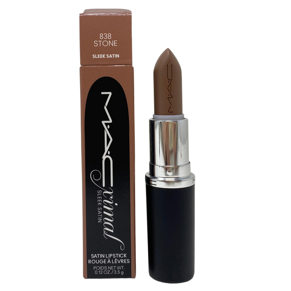 MAC M.A.Cximal Sleek Satin Lipstick 838 Stone application demonstrating smooth, even color.