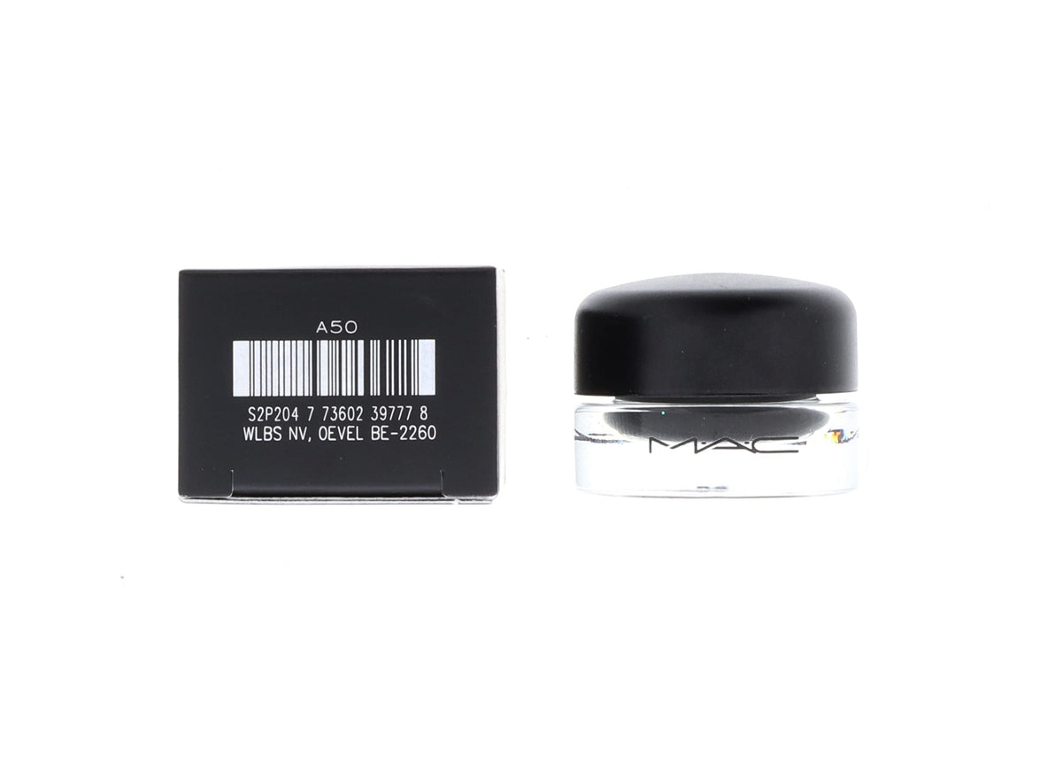 MAC Fluidline Blacktrack swatch on skin highlighting creamy gel formula for easy blending.