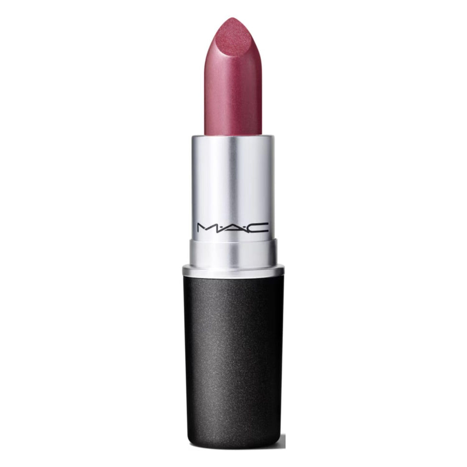 MAC Frost Lipstick Plum Dandy packaging close-up showing premium finish and compact design.
