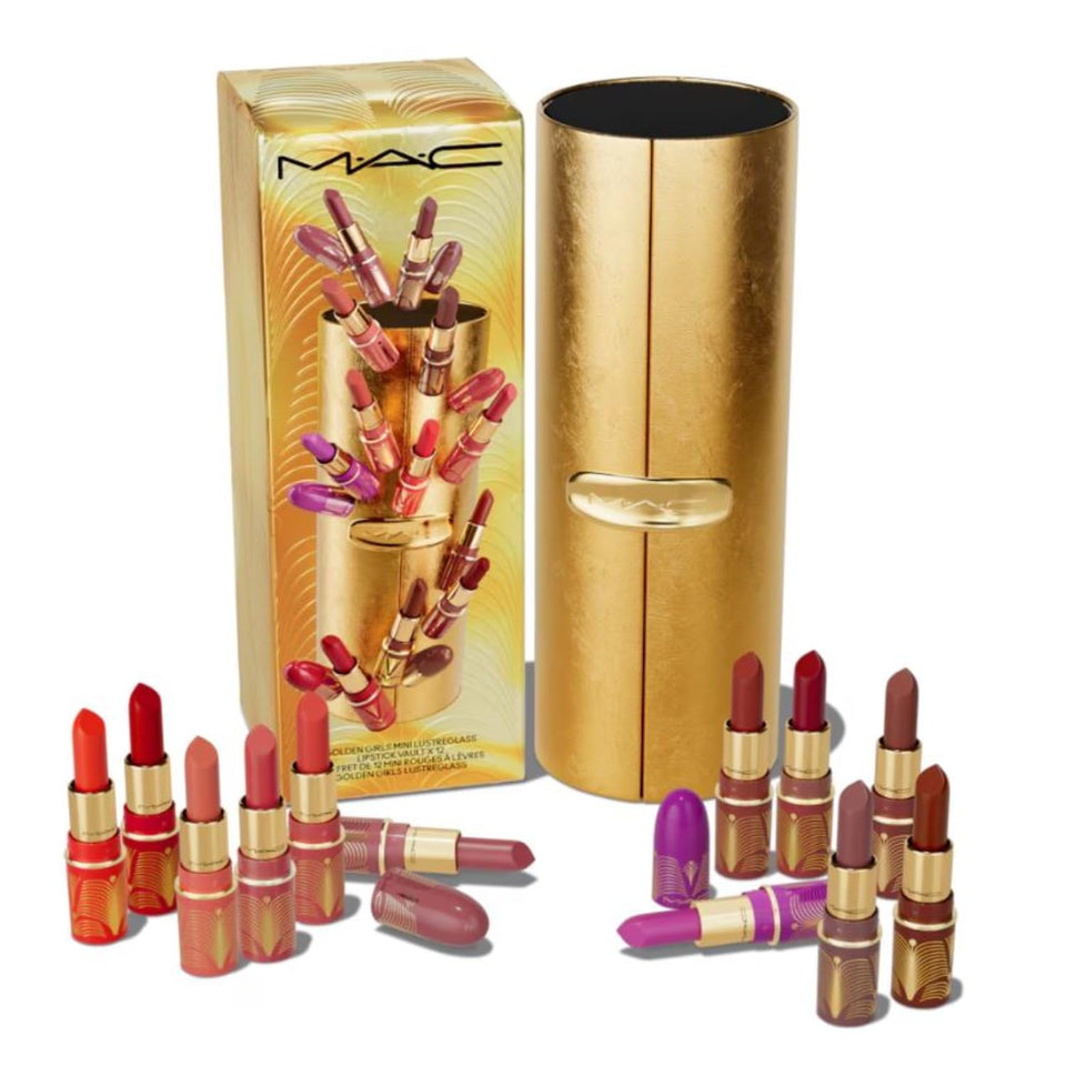 MAC Golden Girls Lustreglass Vault front view, gift-ready keepsake packaging.