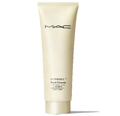 MAC Hyper Real Fresh Canvas cleanser bottle showing creamy-to-foam texture for refreshed, clean skin daily.