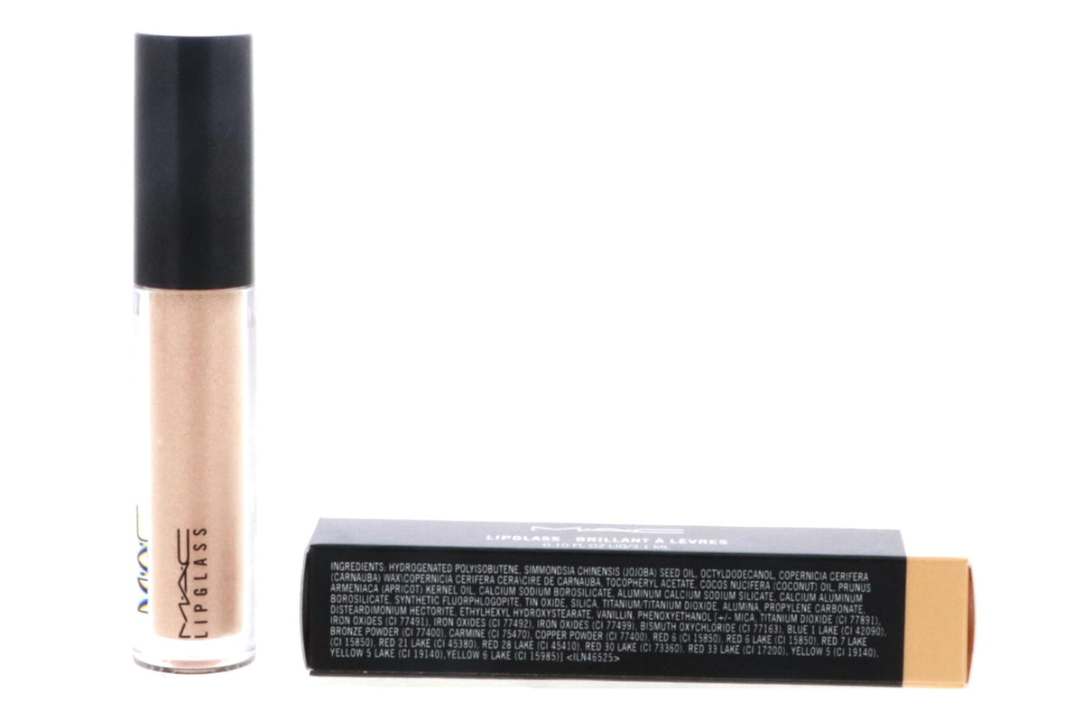 MAC Lipglass Very Go Lightly swatch on hand reveals soft pink-beige sheen