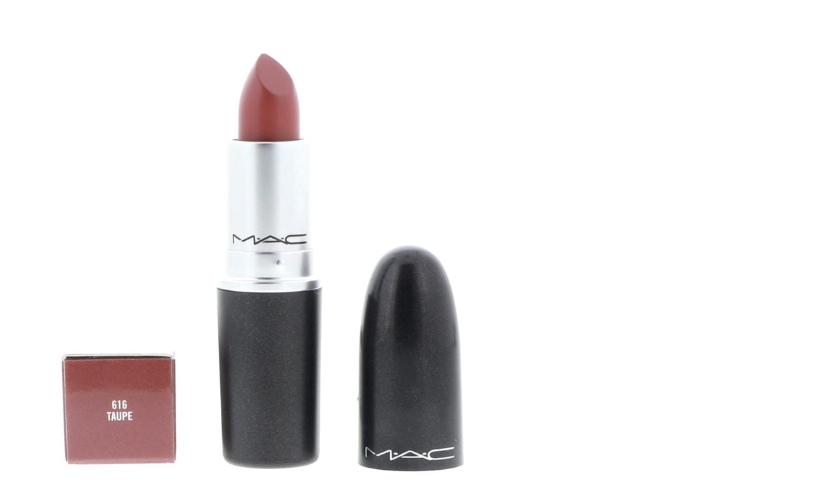 MAC lipstick packaging matte taupe image highlights compact 3g size.