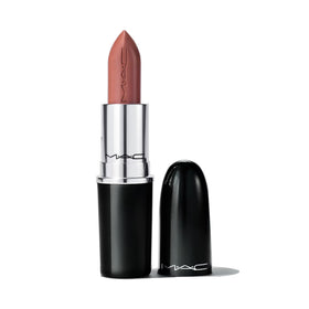 MAC Lustre Lipstick Hug Me on lips shows nude flesh pink with shiny, comfortable wear.