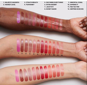 Swatches and packaging highlight shade range and travel-friendly minis.