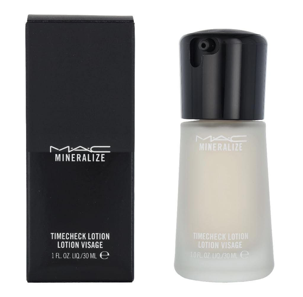 MAC Mineralize Timecheck Lotion bottle closeup with sleek packaging and premium feel.