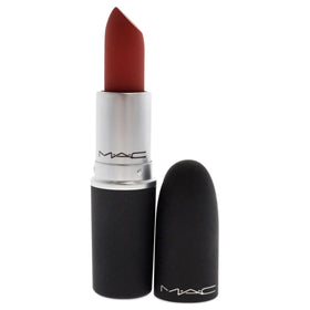 MAC Powder Kiss Devoted To Chili application close-up showing soft blur texture.
