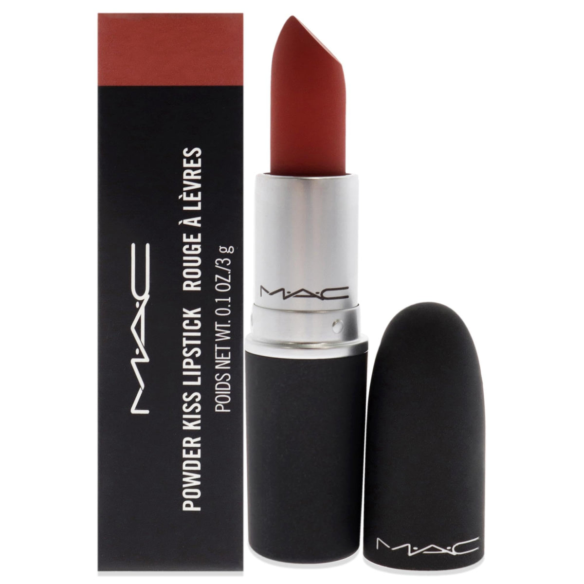MAC Powder Kiss Devoted To Chili lipstick outer view in sleek packaging for quick touch-ups.