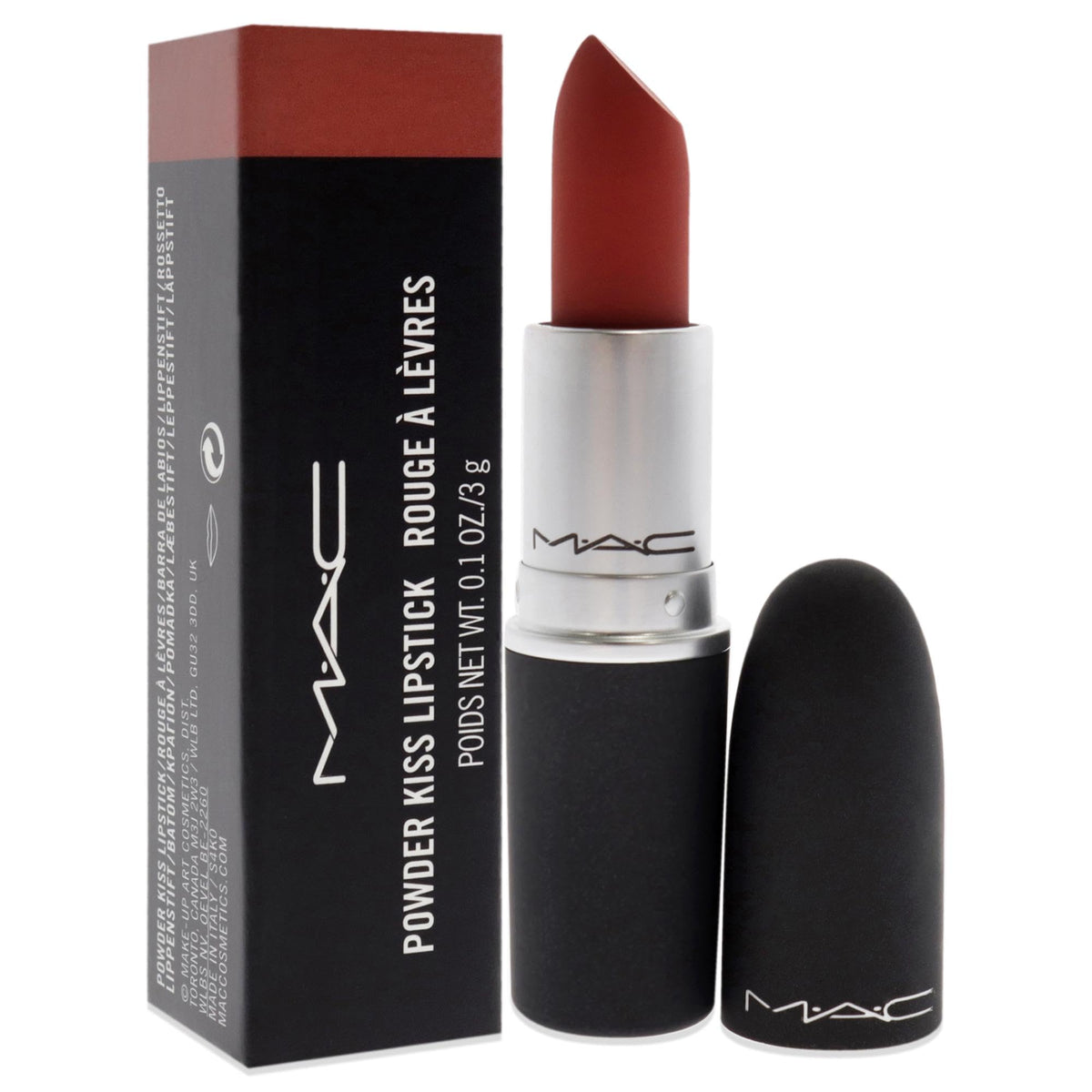 MAC Powder Kiss Devoted To Chili swatch on skin for buildable matte color.
