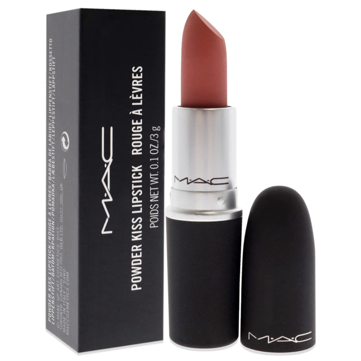 MAC Powder Kiss Mull It Over matte finish on lips delivers comfortable wear.