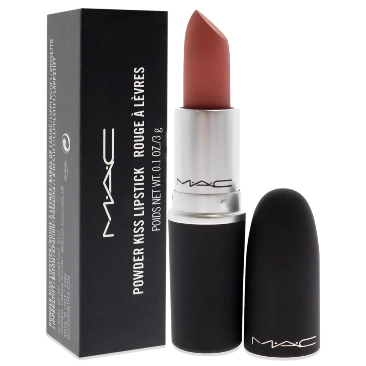 MAC Powder Kiss Mull It Over on lips demonstrates blurred edge effect.