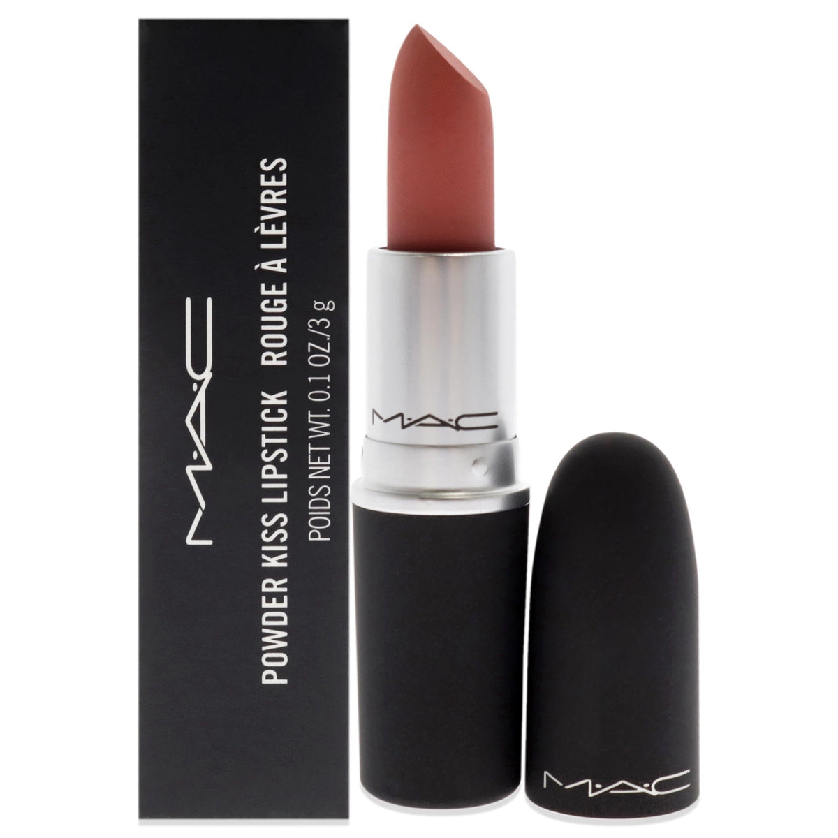MAC Powder Kiss Mull It Over swatch shows soft-focus color for effortless lip style.