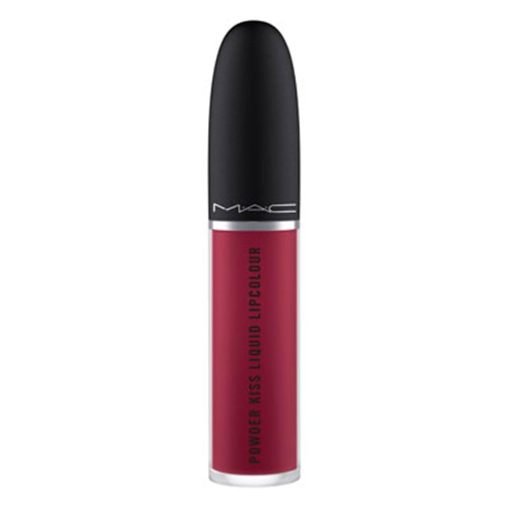 MAC Powder Kiss Liquid Lipcolour Burning Love bottle close-up, rich berry shade.