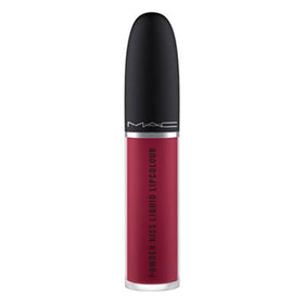 MAC Powder Kiss Liquid Lipcolour Burning Love bottle close-up, rich berry shade.