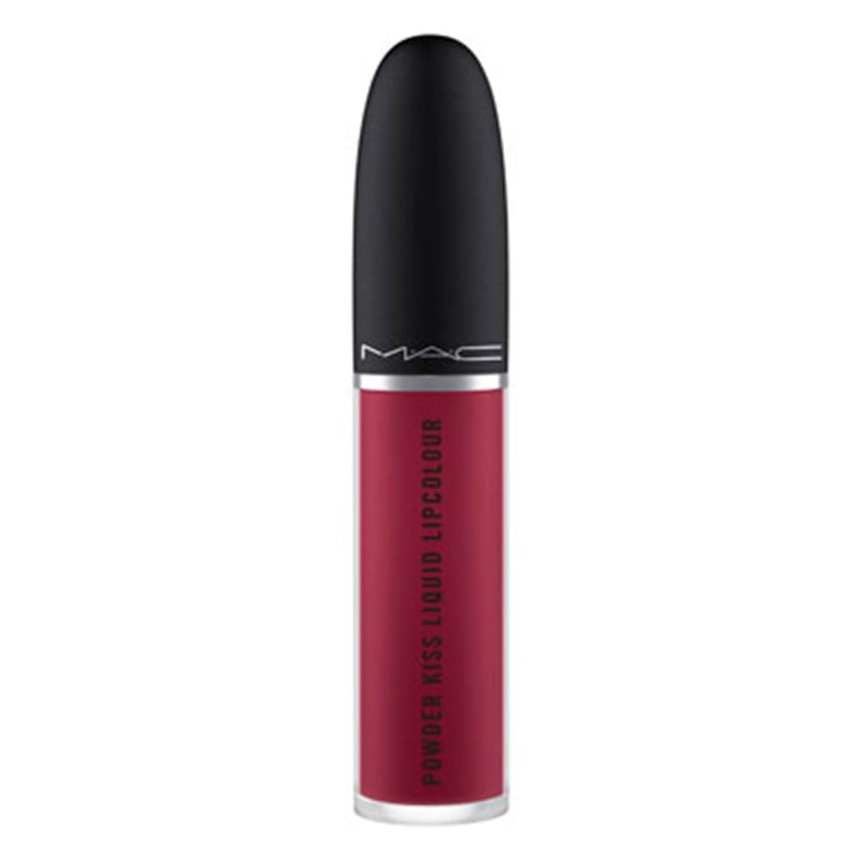 MAC Powder Kiss Liquid Lipcolour Burning Love bottle close-up, rich berry shade.