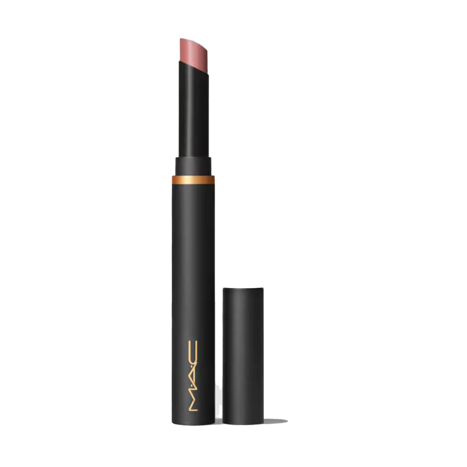 MAC Powder Kiss Velvet Blur Slim Stick Over The Taupe swatch showing soft matte color and long wear.